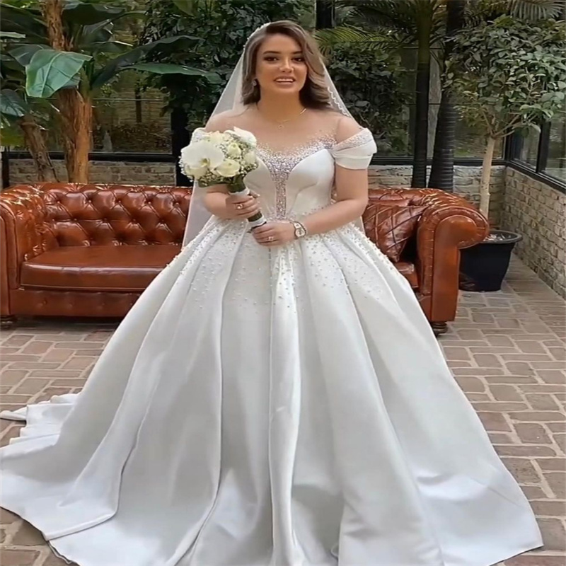 Elegant Ball Gown Pearls Wedding Dress 2023 Satin Beaded Plus Size Country Bridal Gowns Zipper Arabic Garden Civil Vestido De Noiva Beautiful Boho Bri