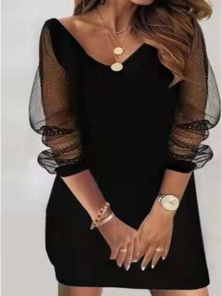 Basic Casual Dresses Sexy Mesh Sleeves V Neck Sequins Print Slim Bodycon Dress Women Long Causal Elegant Club Party Vestidos 231123