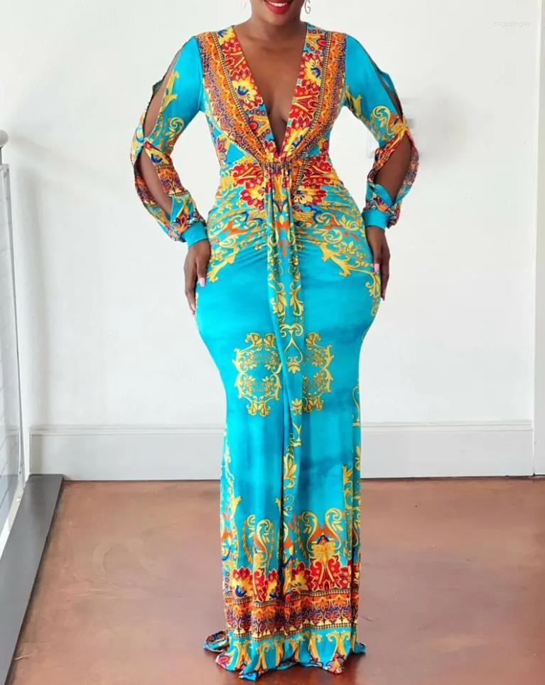 Casual Dresses Winter Clothes Women's Dress Fashion Baroque Printed Split Sleeve Deep V-neck Long Retro National Style Robe