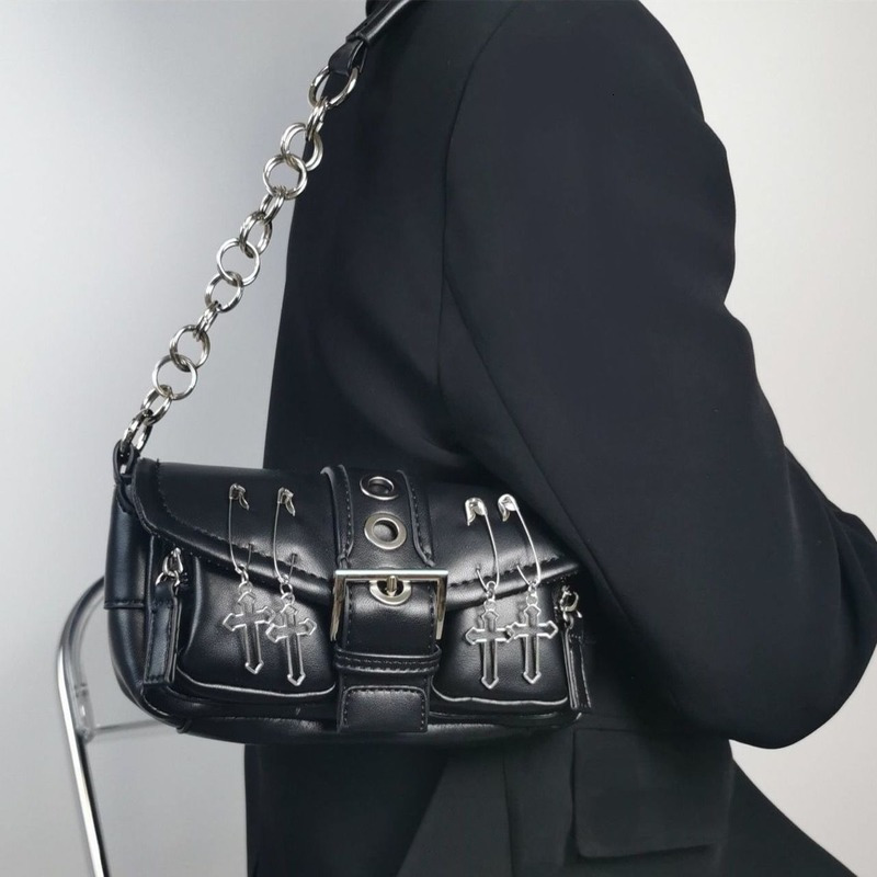 Evening Bags Xiuya Vintage Gothic Shoulder Bag Women Harajuku Punk Pin Cross Crossbody Bags Solid PU Leather Womens Handbag Pouch 230422