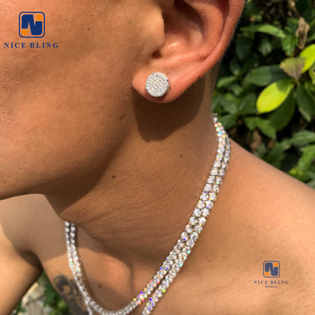 Iced Out Round Shape Hip Hop Ear Studs Earrings Jewelry Cut Inlaid Stone Silver Gold Plated Mosan Drill Stud Earrings