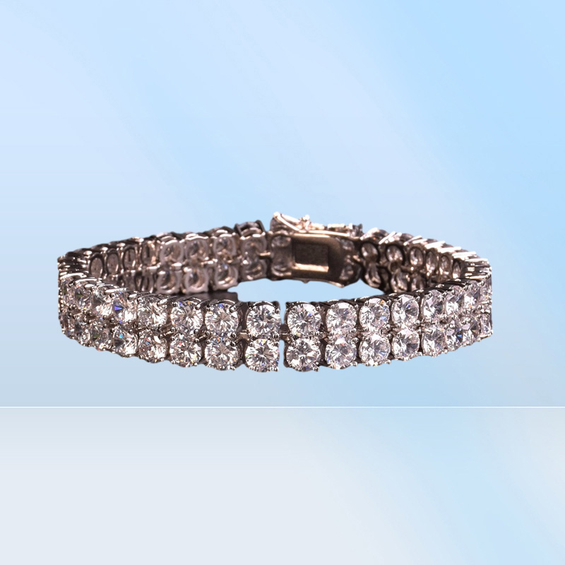 New Men039s Tennis Chain Bracelet Two Row Charm Hip Hop Jewelry Ice Out Cubic Zircon Gold Silver Color CZ Bracelets
