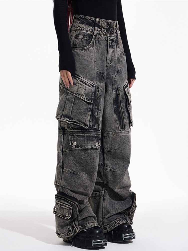 Women's Jeans LGRQ Fashion Loose High Waist Big Pockets Straight Patchwork Cargo Denim Pants Female Summer 2023 19J3929 230422