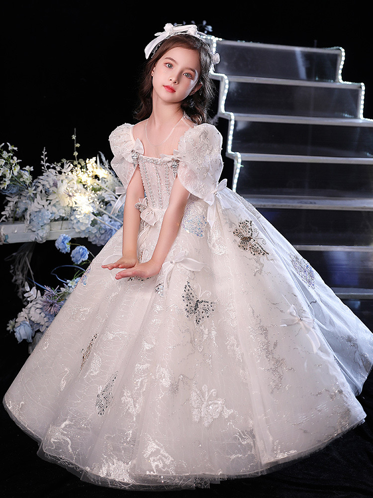 2023 shiny Design Flower Girls Dresses For Weddings Long princess pearls Sequins Pageant Party Gowns First holy Communion Dress For Child Teens girl p