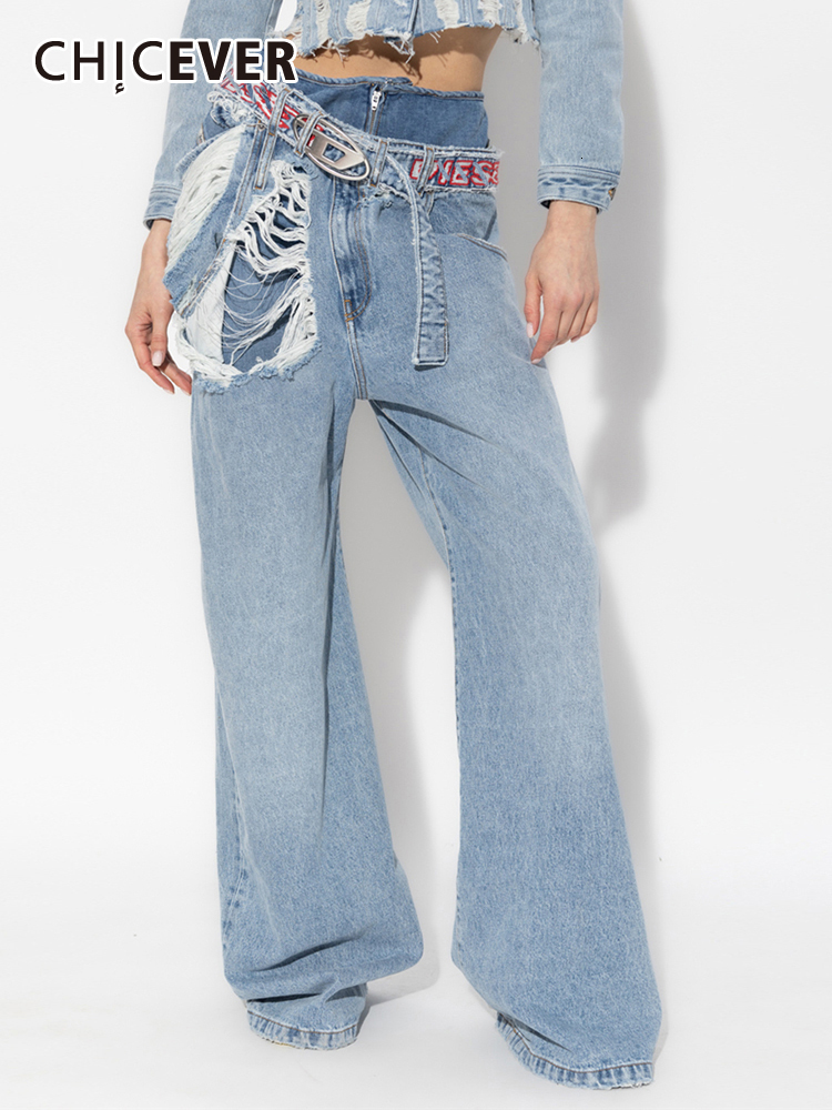Women's Jeans CHICEVER Streetwear Hole Denim Wide Leg Pants High Waist Patchwork Belt Individuality Hit Color Female 2023 Clothing Style 230422