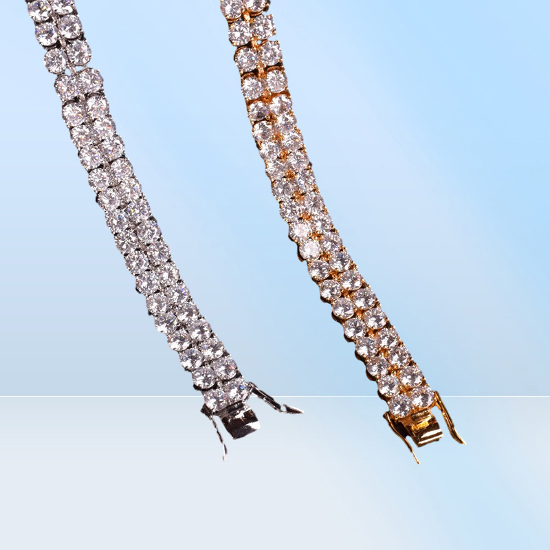 New Men039s Tennis Chain Bracelet Two Row Charm Hip Hop Jewelry Ice Out Cubic Zircon Gold Silver Color CZ Bracelets