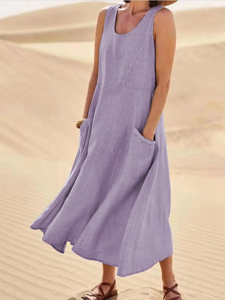 Dress for woman Summer Women Sleeveless designer dress Sundress Elegant Round Neck Cotton Linen Solid Long Tank Dress Vintage Pockets Beach Vestidos