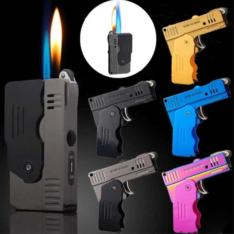 Lighters Pistol Smoking Torch Lighter Butane No Gas Windproof Double Jet Flame Cool Folding Pocket tools W260202