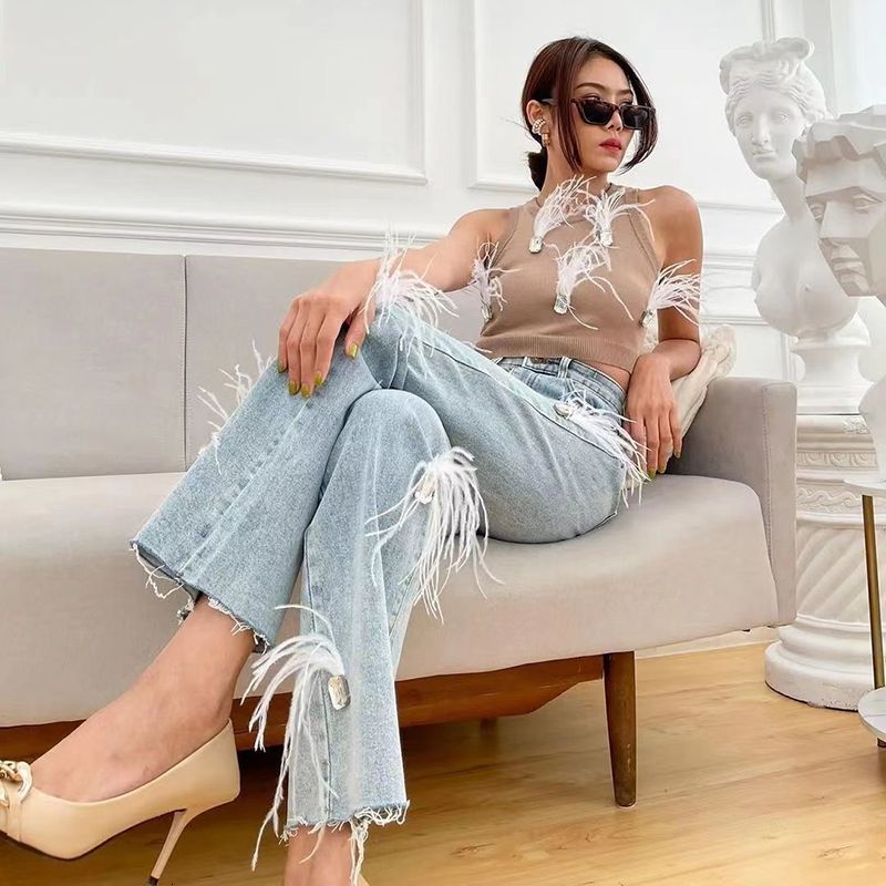 Women's Jeans 2023 Women Stylish High Waist Ostrich Feathers Denim Pants Feather Straight Stretch Trousers with Gem Streetwear S3476 230422Z
