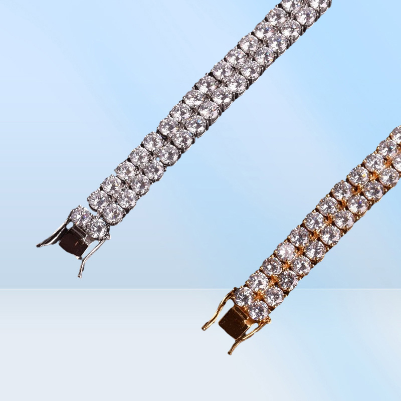 New Men039s Tennis Chain Bracelet Two Row Charm Hip Hop Jewelry Ice Out Cubic Zircon Gold Silver Color CZ Bracelets