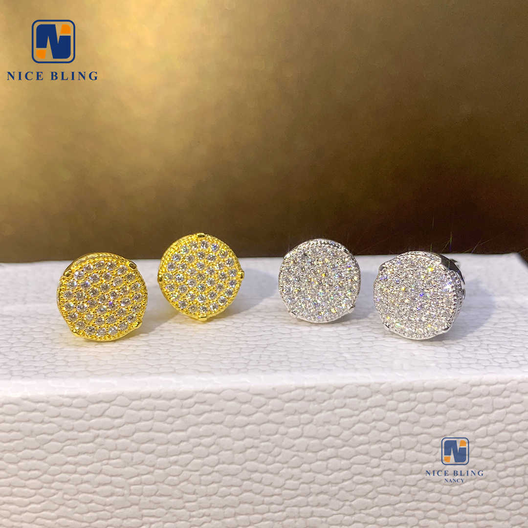Iced Out Round Shape Hip Hop Ear Studs Earrings Jewelry Cut Inlaid Stone Silver Gold Plated Mosan Drill Stud Earrings