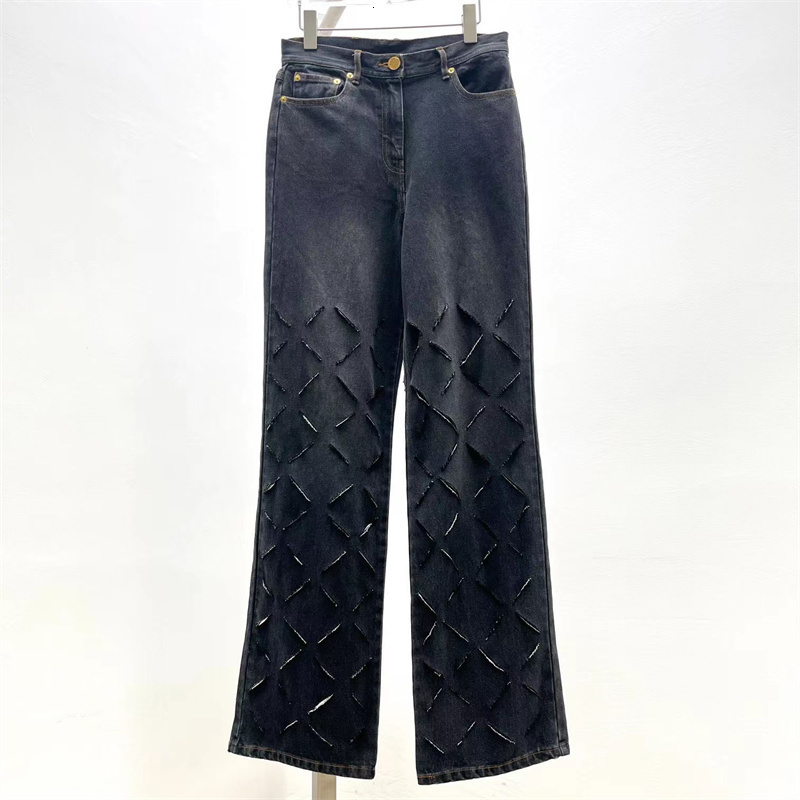 Women's Jean's Jeans 2023 Summer in Vintage Washed Hole Wide Leg Pants Metal Button Decorative Pure Cotton Denim Traf 230422Z