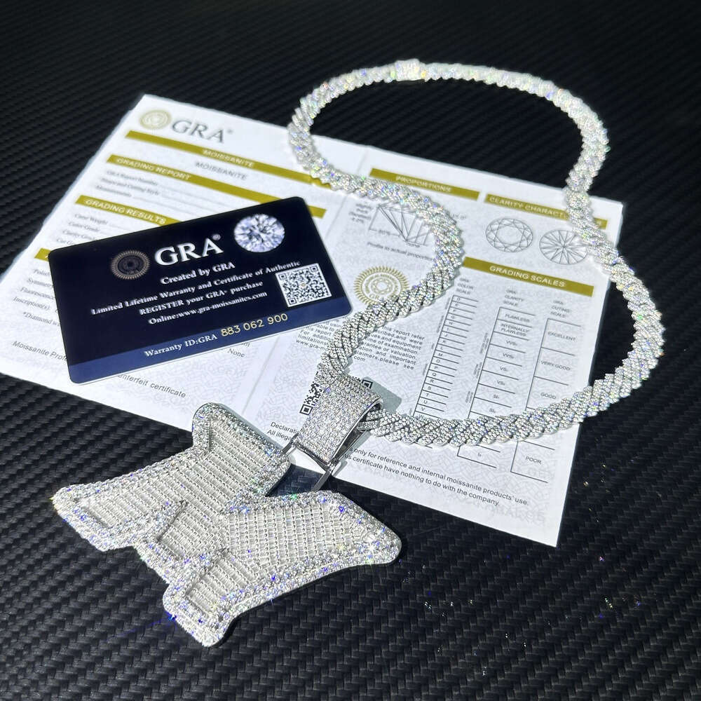 Necklace Iced Out Moissanite Dia Sier Round Mix Baguette Initial m Letter Pendant with 8mm Cuban Chain