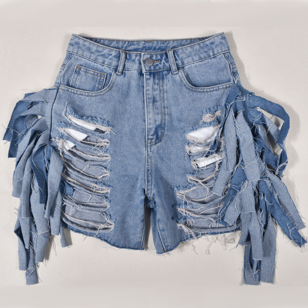New NEW Designer Denim Shorts Summer Women Retro Tassels Jeans Casual High Waist Stretchy Ripped Shorts Fashion Distressed Retro Denim Shorts Clothes 