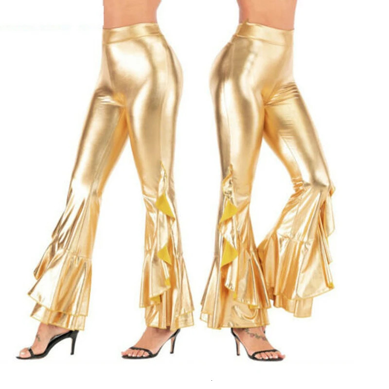 Womens Pants Capris Shinny Metallic Elastic Mid Waist Stretchy Bell Bottom Flared Bootcut Wet Look Trousers Club Wear 231123