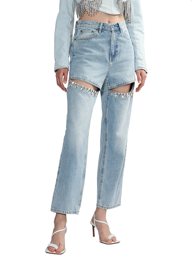 Women's Jeans LGRQ Flares For Women Fashion High Waist Patchwork Button Hollow Out Wide Leg Pants Female 2023 Summer 230422