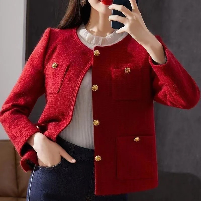 Womens Jackets Autumn Winter Small Fragrance Temperament Tweed Red Jacket Korean Fashion Women Top Chic Short 231123