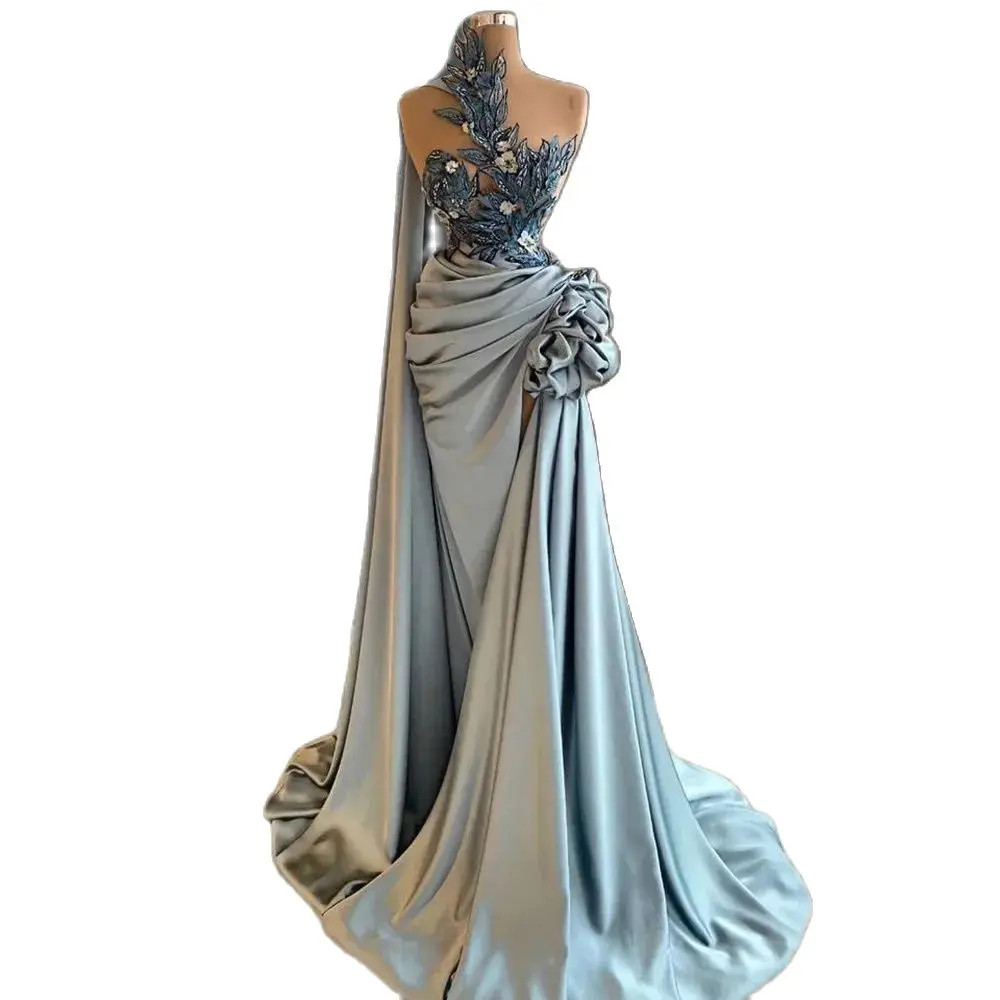 Gorgeous Lace Appliques Mermaid Evening Dresses One Shoulder Prom Gowns Custom Made Side Split Ruffles Party Dresses