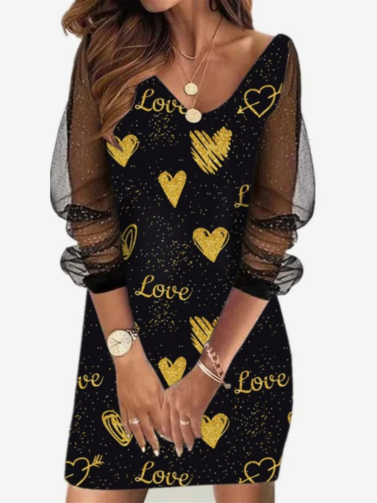 Basic Casual Dresses Sexy Mesh Sleeves V Neck Sequins Print Slim Bodycon Dress Women Long Causal Elegant Club Party Vestidos 231123