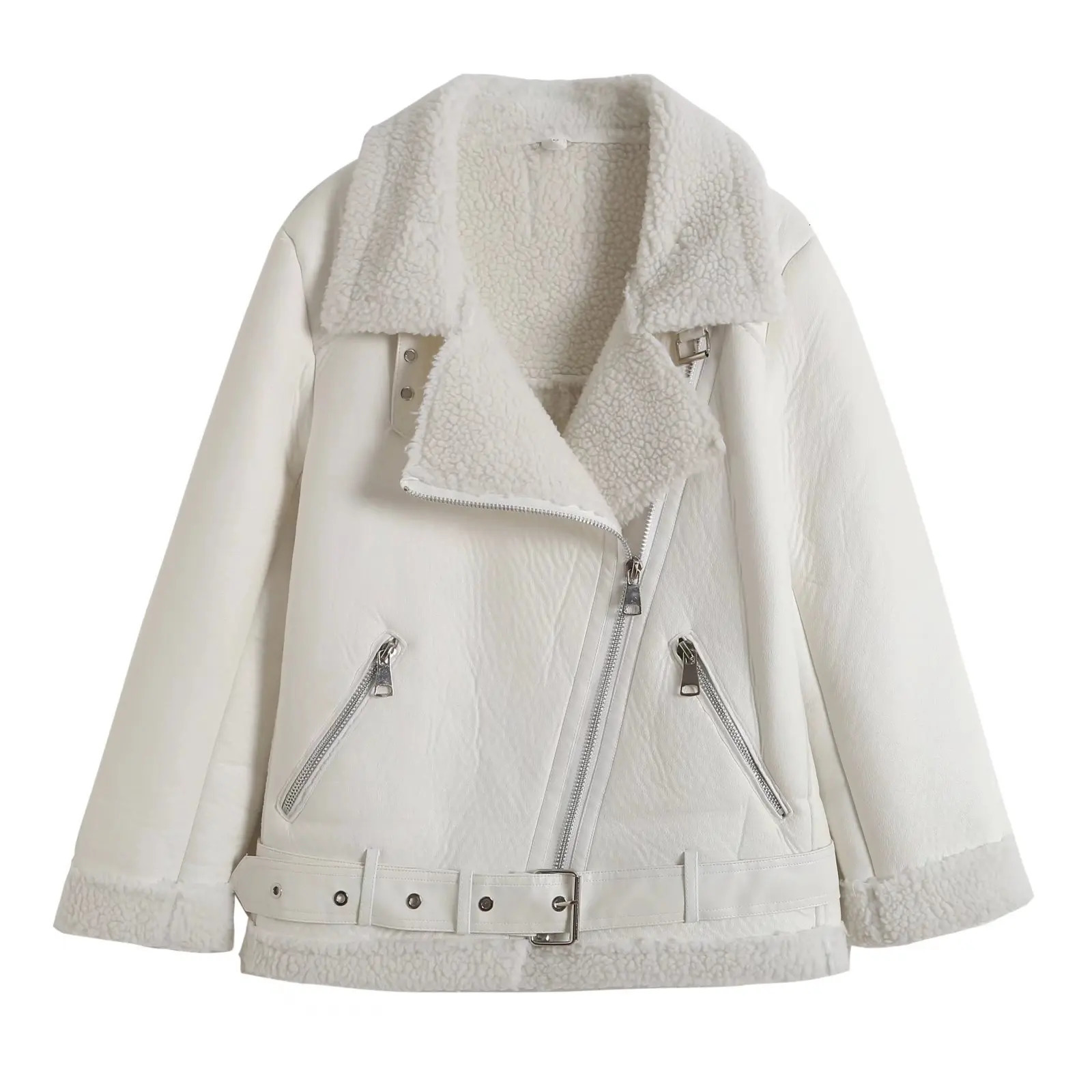 Women's Fur Faux Thick and warm faux leather jacket Coat women's beige longsleeved belt women winter fashion streetwear Tops 231122