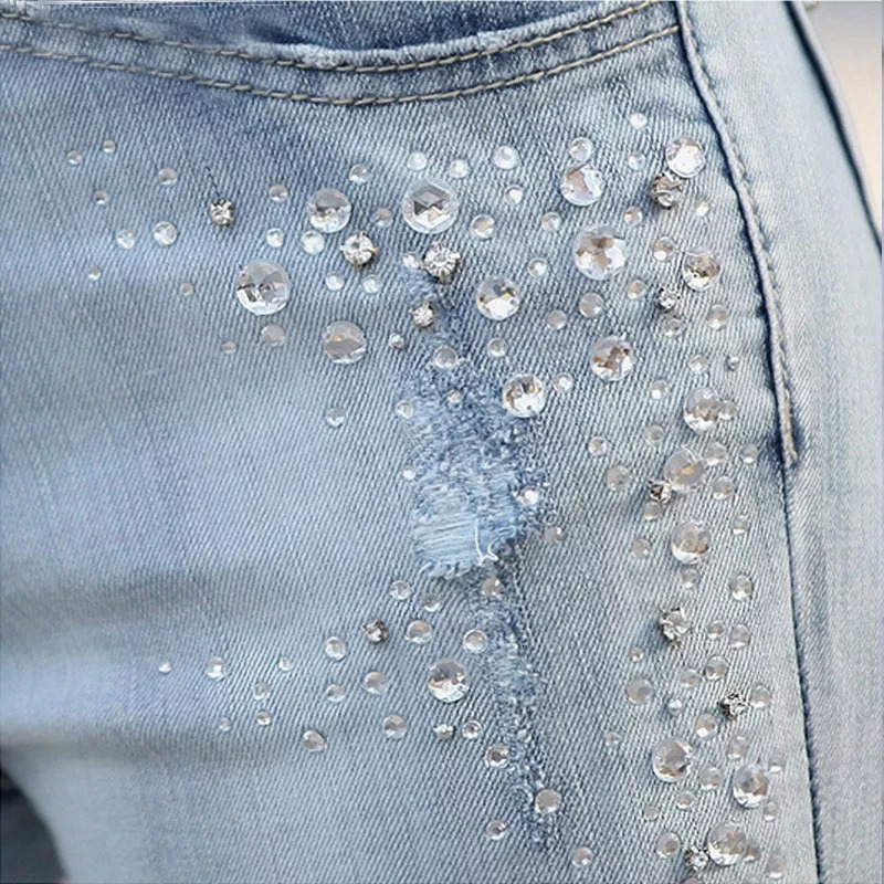 Women's Jeans jewelry diamond embroidered street denim pant light blue hallow out hole jeans punk fashion ankle leggings 230422