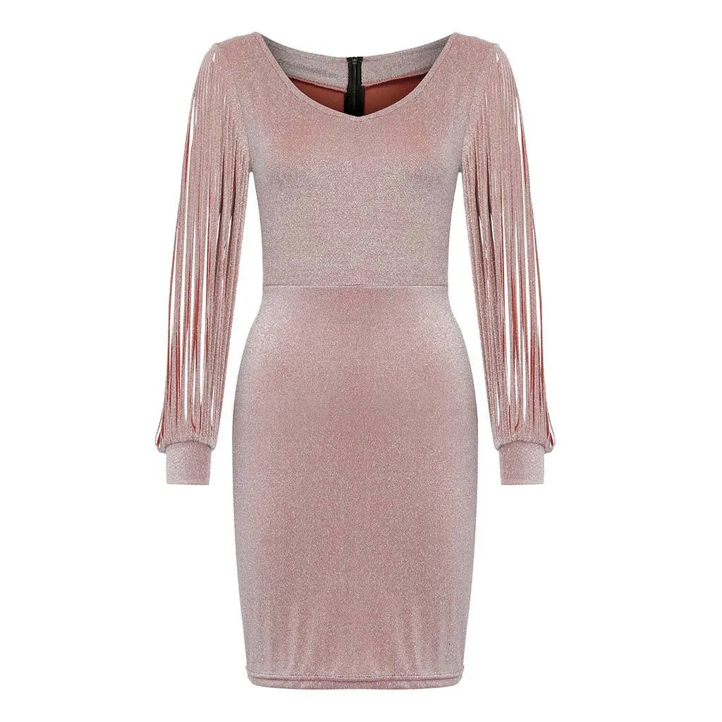 Basic Casual Dresses Fashion Sexy Women V Ncek Solid Sequined Glitter Stitching Shining Club Sheath Long Sleeved Mini Dress For Female 231123