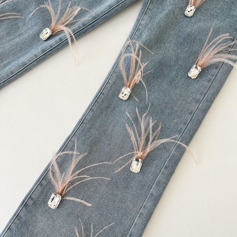 Women's Jeans 2023 Women Stylish High Waist Ostrich Feathers Denim Pants Feather Straight Stretch Trousers with Gem Streetwear S3476 230422Z