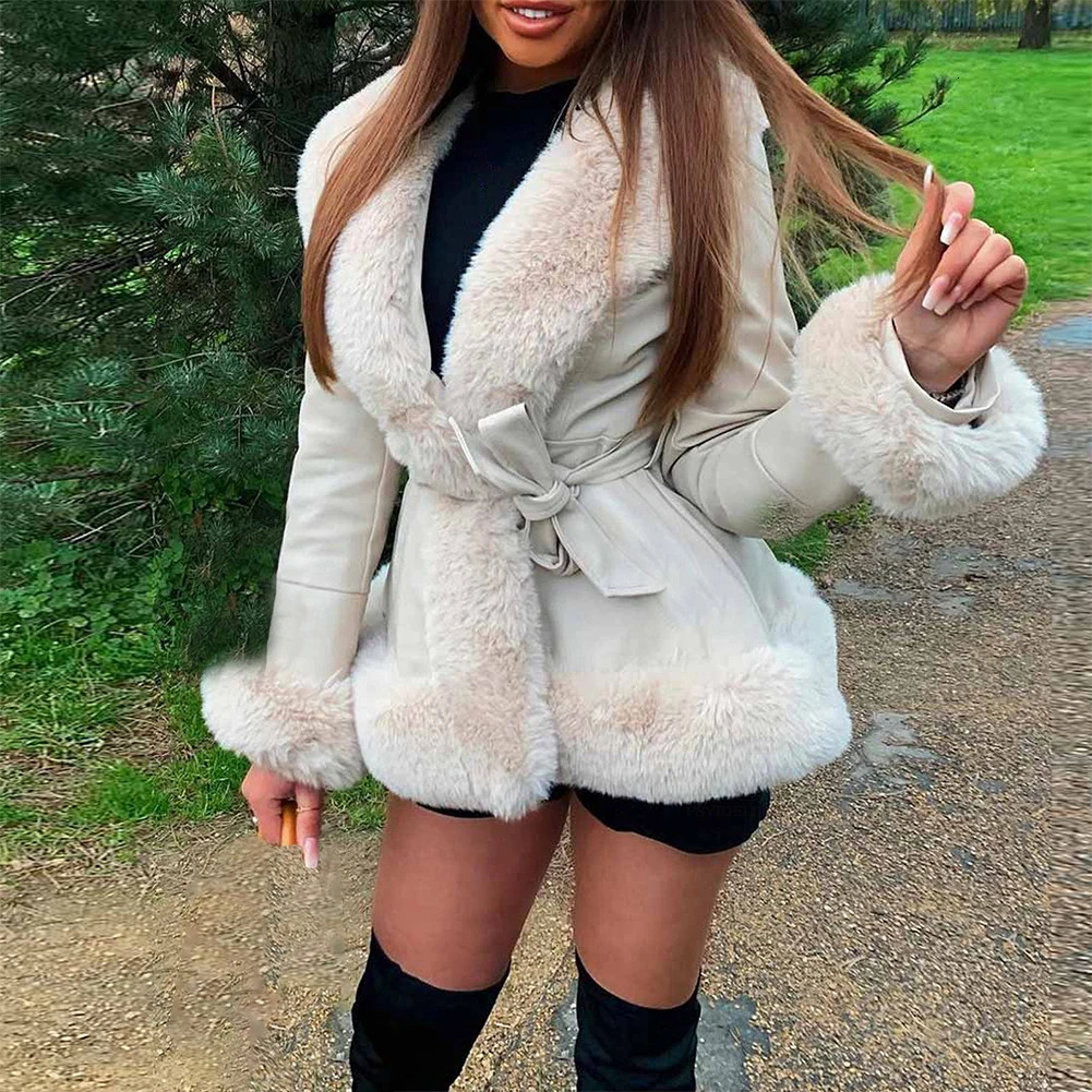 Women's Jackets Ladies Stylish PU Leather Winter Warm Plush Collar Jacket Faux Fur Coat Belted Women Featuring 231122