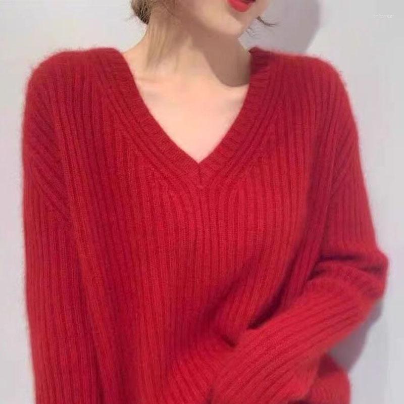 Women's Sweaters Spring Warm V-neck Women Casual Alpaca Fleece Jumpers Woman Solid Soft Knitted Bottoming Tops