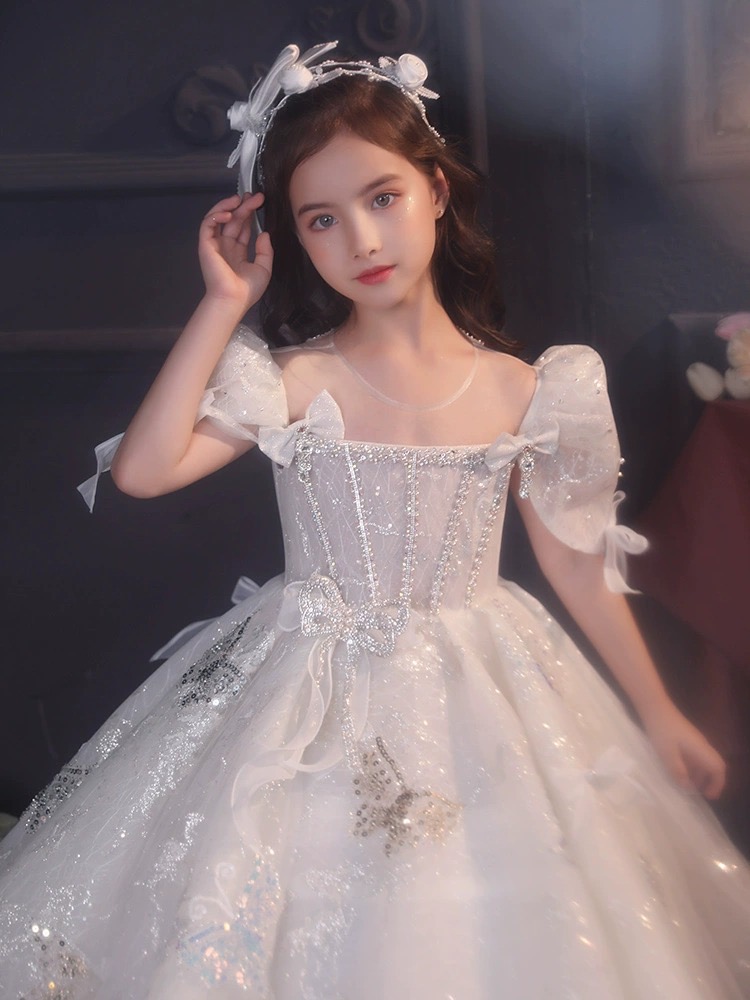 2023 shiny Design Flower Girls Dresses For Weddings Long princess pearls Sequins Pageant Party Gowns First holy Communion Dress For Child Teens girl p