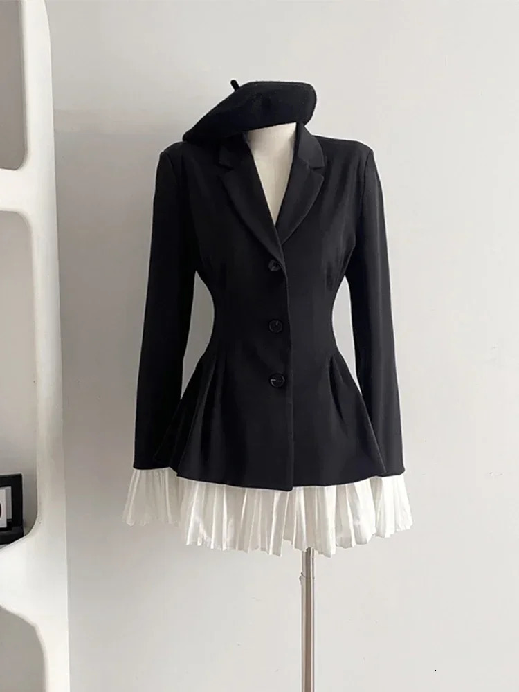 Basic Casual Dresses Women Formal Blazer Lapel Collar Autumn Winter Office Lady Korean Patchwork Contrast Color Outerwear Single Breasted Suit Jacket 