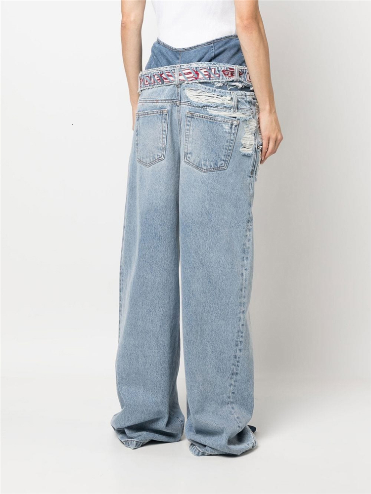 Women's Jeans CHICEVER Streetwear Hole Denim Wide Leg Pants High Waist Patchwork Belt Individuality Hit Color Female 2023 Clothing Style 230422