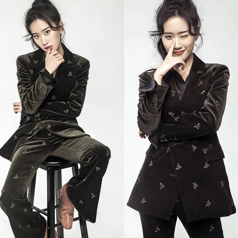 Womens Two Piece Pants British Autumn Winter Style Embroidery Pleuche Jacket Velvet Blazer Trousers 2 Pcs Fashion Suits Y1396 231123