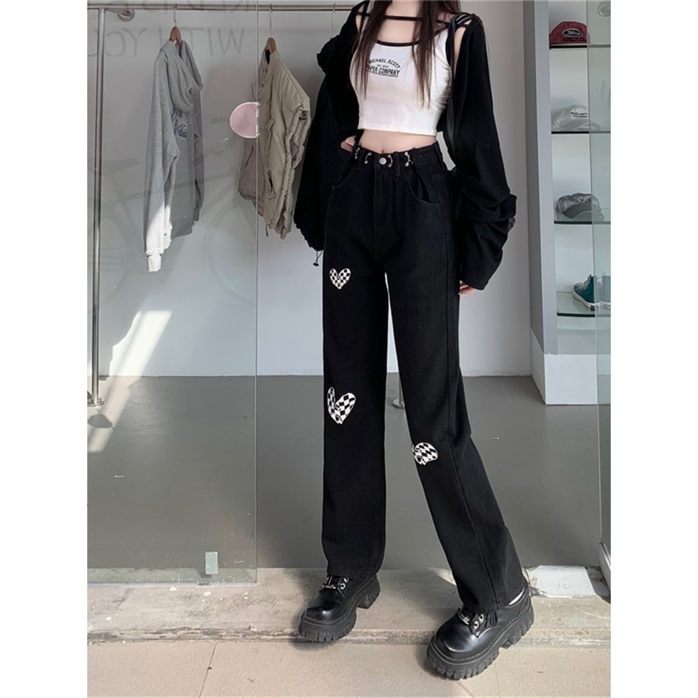 Women's Jeans High Rise Printing Casual Fashion Long Female Slim Fit Pants Ladies Denim Trousers Vintage Woman Black 230422