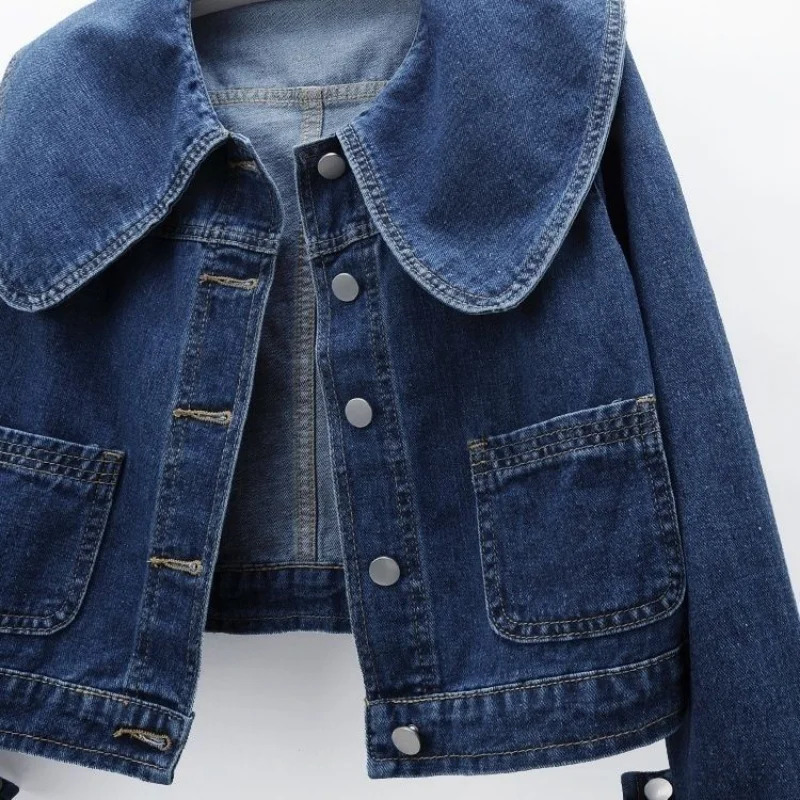 Womens Jackets Women Denim Korean Sailor Collar Fashion Long Sleeves Button Jean Coat Vintage Crop Female Casual Loose Outwear 231123