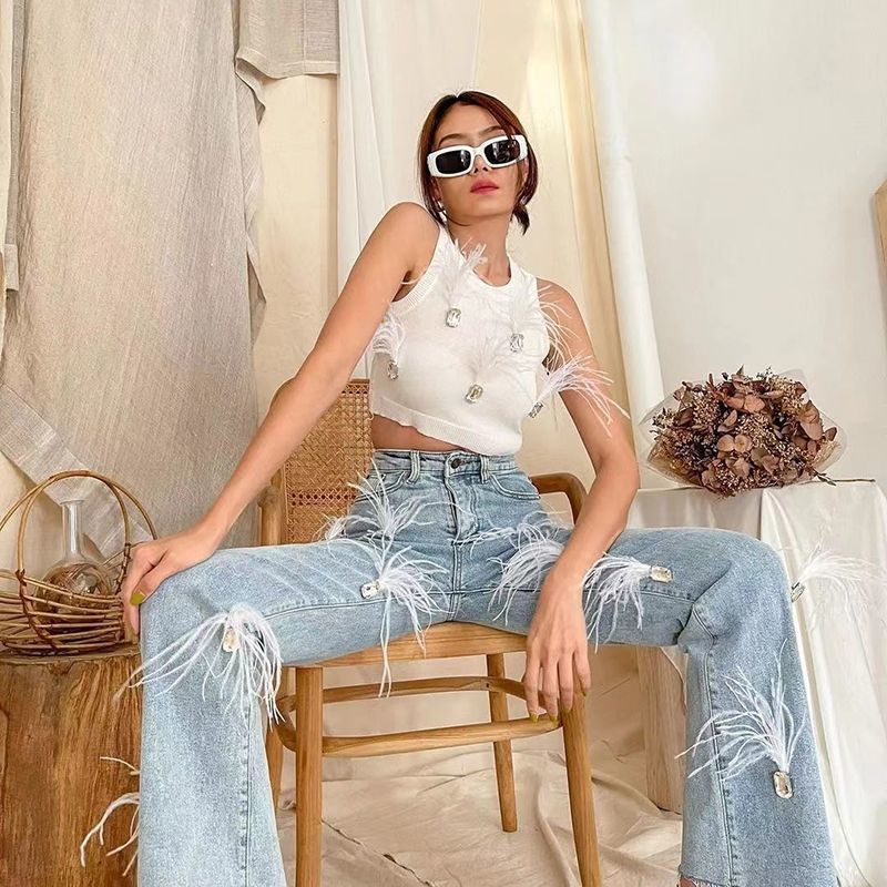 Women's Jeans 2023 Women Stylish High Waist Ostrich Feathers Denim Pants Feather Straight Stretch Trousers with Gem Streetwear S3476 230422Z