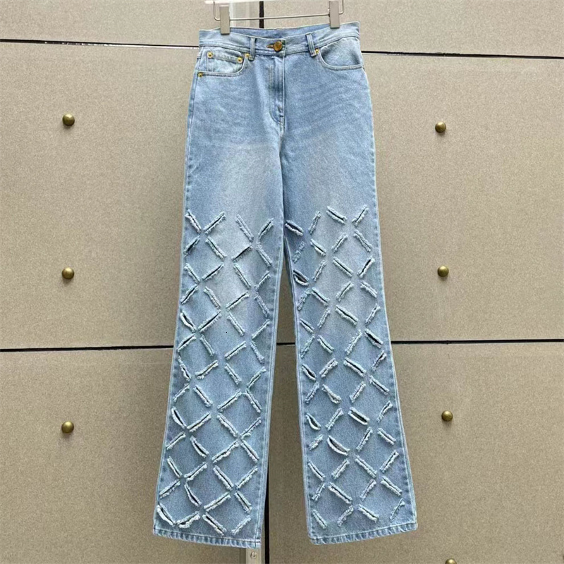 Women's Jean's Jeans 2023 Summer in Vintage Washed Hole Wide Leg Pants Metal Button Decorative Pure Cotton Denim Traf 230422Z