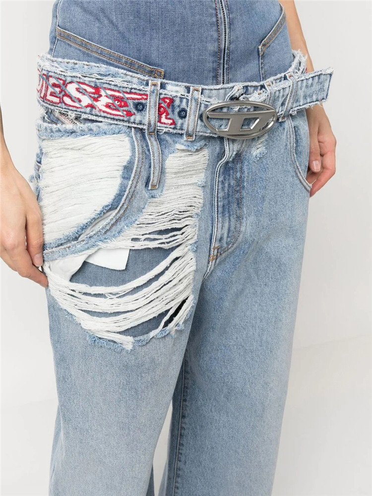 Women's Jeans CHICEVER Streetwear Hole Denim Wide Leg Pants High Waist Patchwork Belt Individuality Hit Color Female 2023 Clothing Style 230422