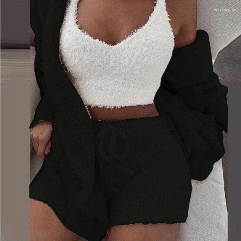 Women's Cozy Knit 3 Piece Pama Set Fluffy Tank Top, Shorts & Hoodie Winter Sleepwear - Polyester, Plus Size, Casual, Comfortable