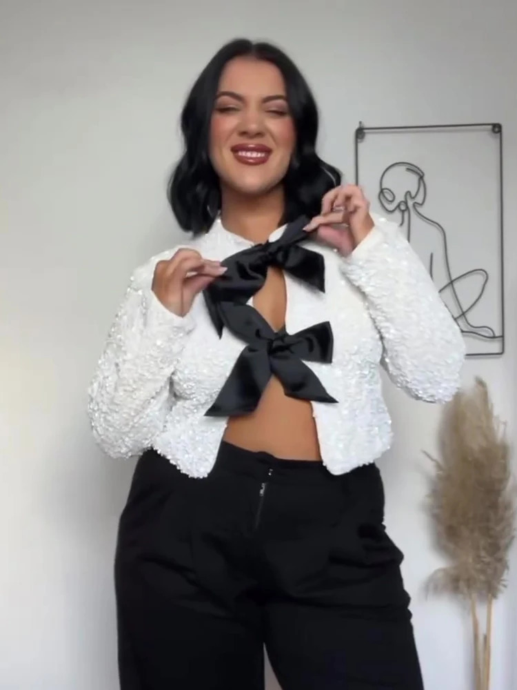 Womens Wool Blends Fashion Bow Sequin Jacket For Women Christmas Sparkling Coats Female Elegant Long Sleeve Chic Cropped Shiny Evening Partywear 23112