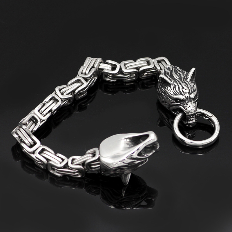 Beaded Men's Stainless Steel Viking Wolf Head Bracelet Back Shape Emperor Personality Jewelry Gift 230422