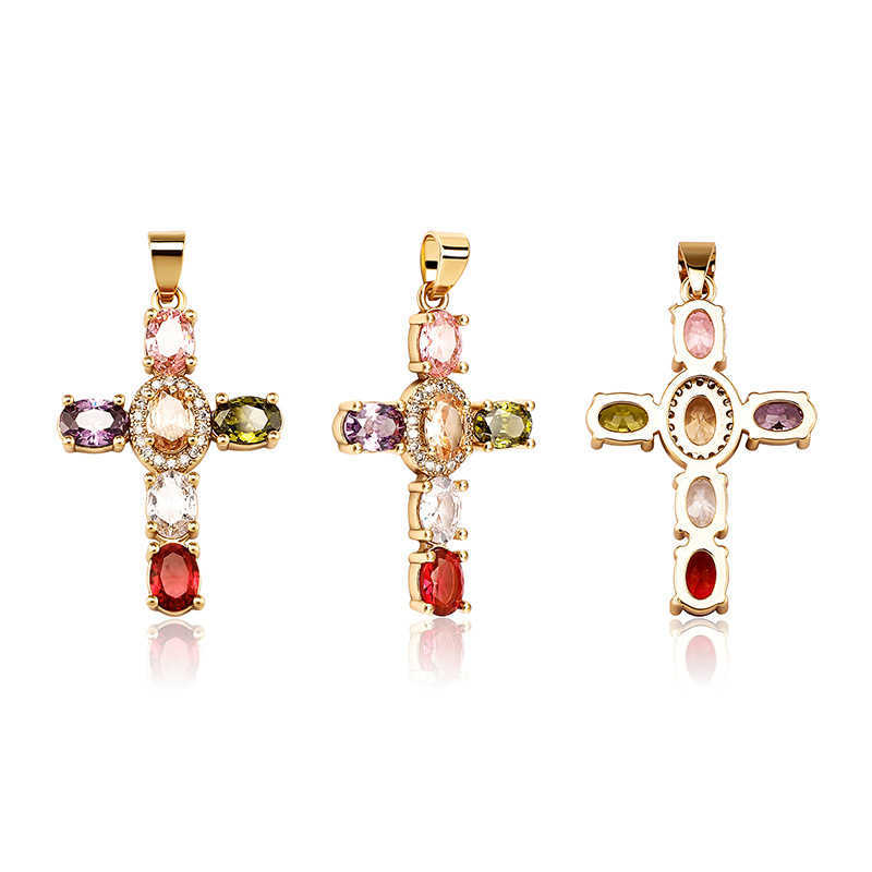 Creative Womens Colorful Cubic Zirconia Cross Pendant Necklace Shiny Prong Multi Color Crystal Hip Hop Fashion 14K Real Gold Plated CZ Stone Jewelry G