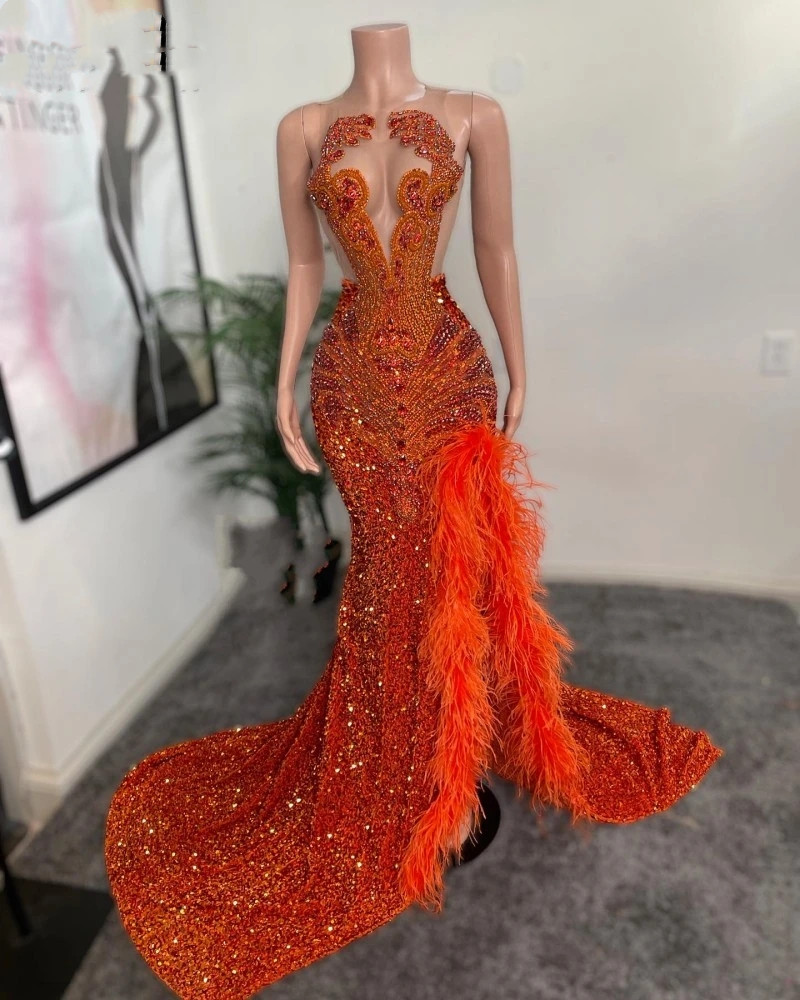 Sexy High Split Feathers Prom Dresses For Black Girls Sequin Beading African Women Pageant Party Gowns Vestido De Graduacion Gonws