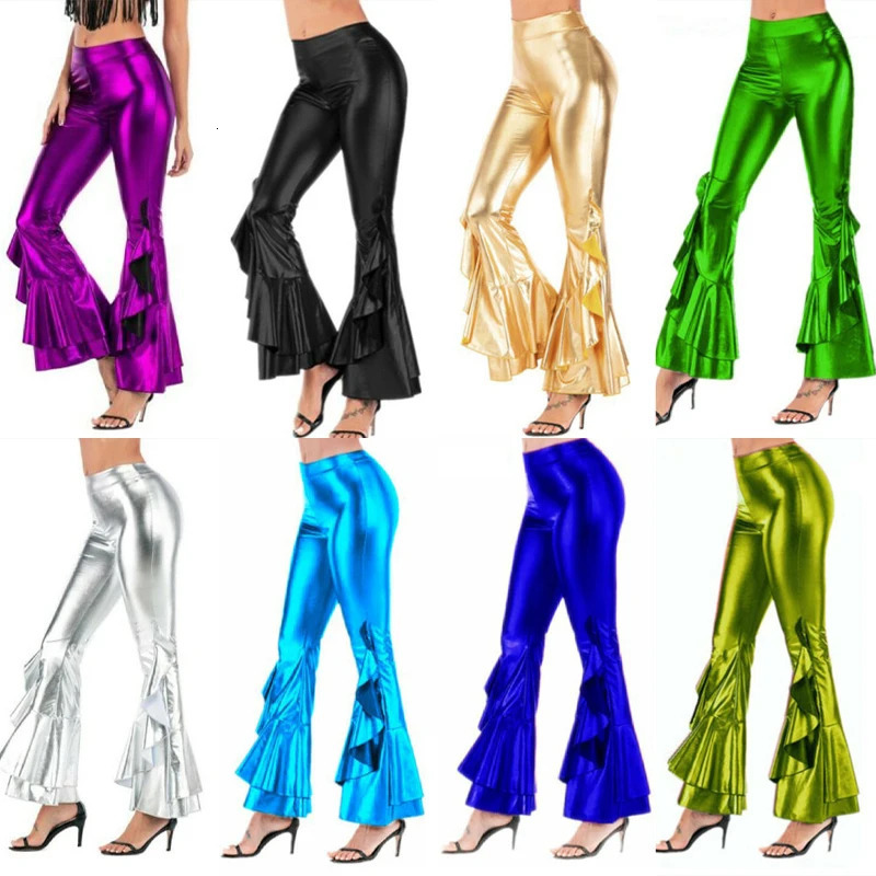 Womens Pants Capris Shinny Metallic Elastic Mid Waist Stretchy Bell Bottom Flared Bootcut Wet Look Trousers Club Wear 231123
