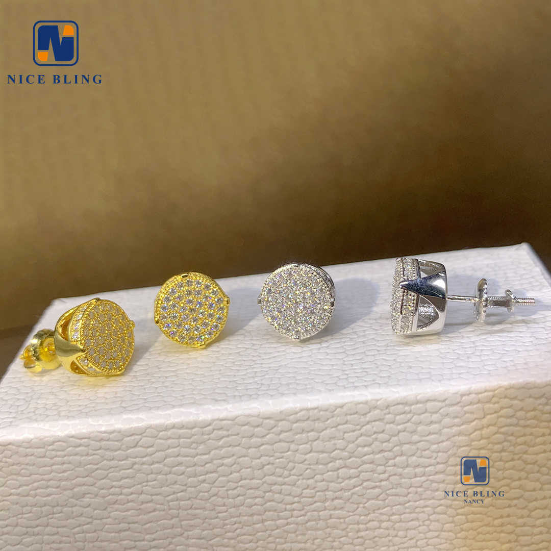 Iced Out Round Shape Hip Hop Ear Studs Earrings Jewelry Cut Inlaid Stone Silver Gold Plated Mosan Drill Stud Earrings