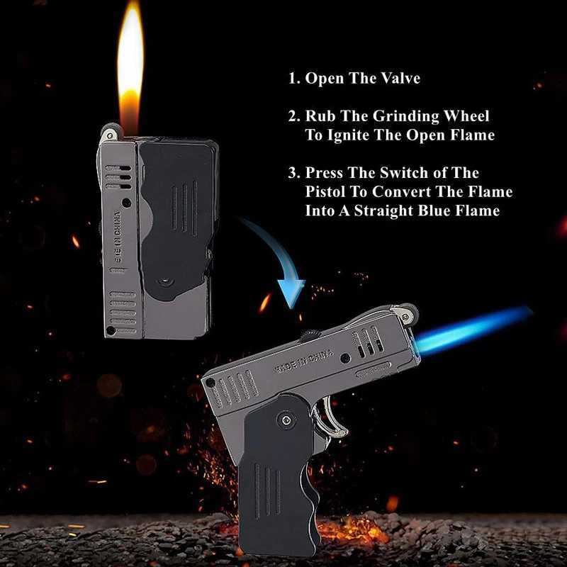 Lighters Pistol Smoking Torch Lighter Butane No Gas Windproof Double Jet Flame Cool Folding Pocket tools W260202