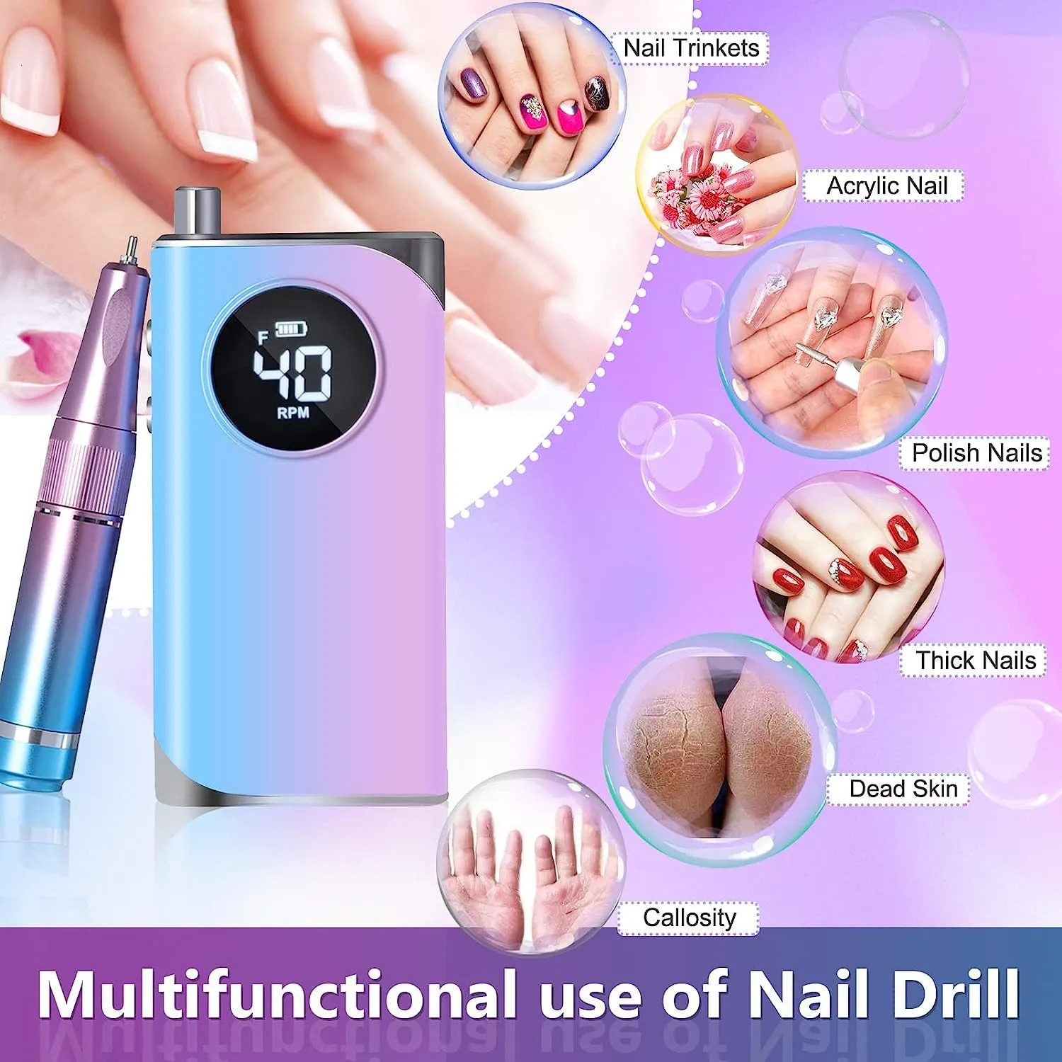 Nail Manicure Set 4000035000RPM Portable Electric Nail Drill Machine With LCD Display Nails Sander For Acrylic Gel Polish Rechargeable Nail Tool 23112