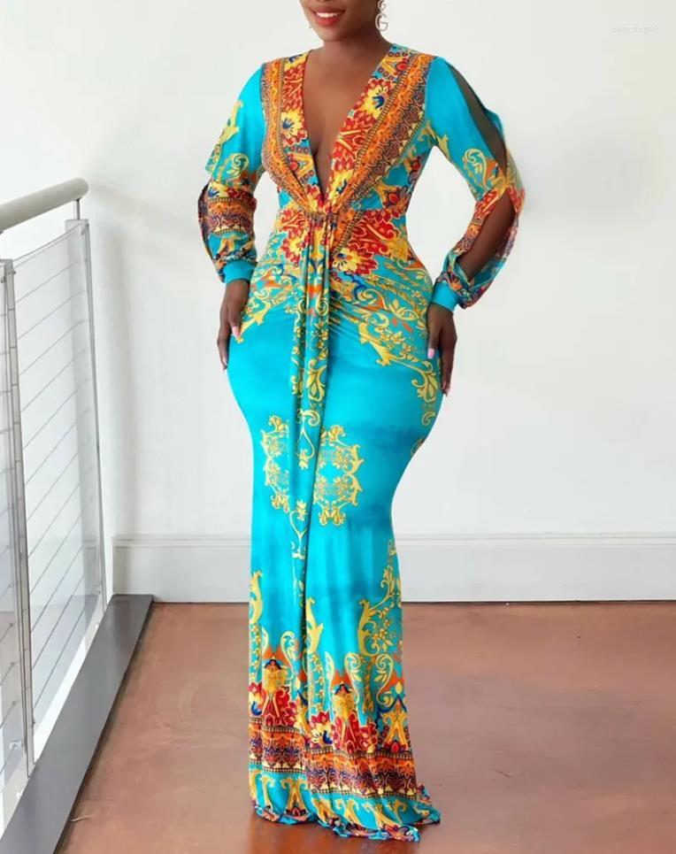 Casual Dresses Winter Clothes Women's Dress Fashion Baroque Printed Split Sleeve Deep V-neck Long Retro National Style Robe