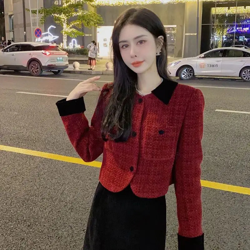 Womens Jackets Autumn Winter Small Fragrance Temperament Tweed Red Jacket Korean Fashion Women Top Chic Short 231123