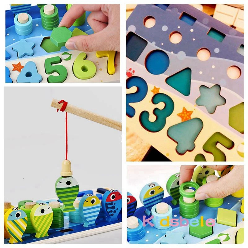 Learning Toys Kids Montessori Math For Toddlers Educational Wooden Puzzle Fishing Count Number Shape Matching Sorter Games Board Toy 231122